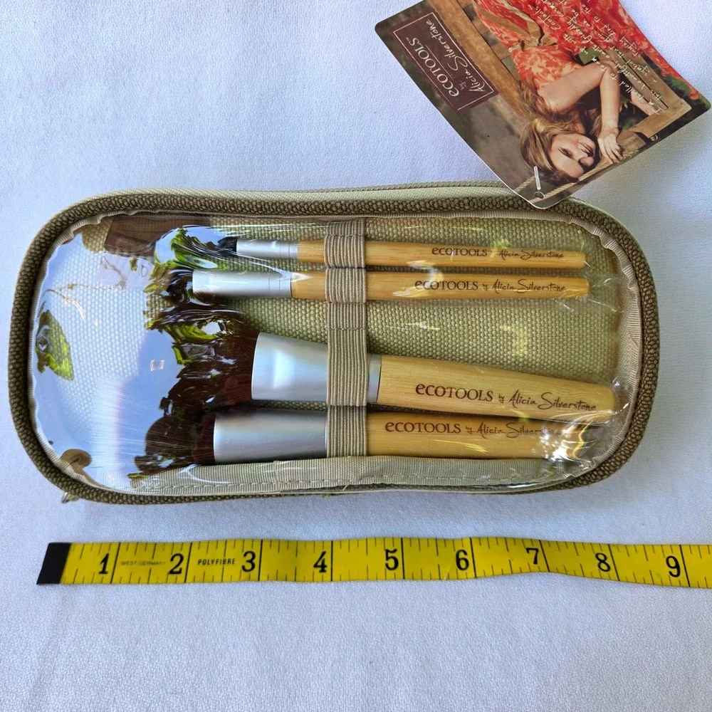EcoTools Makeup Brush Set Tan New Alicia Silverstone 5pc Cosmetic Bag